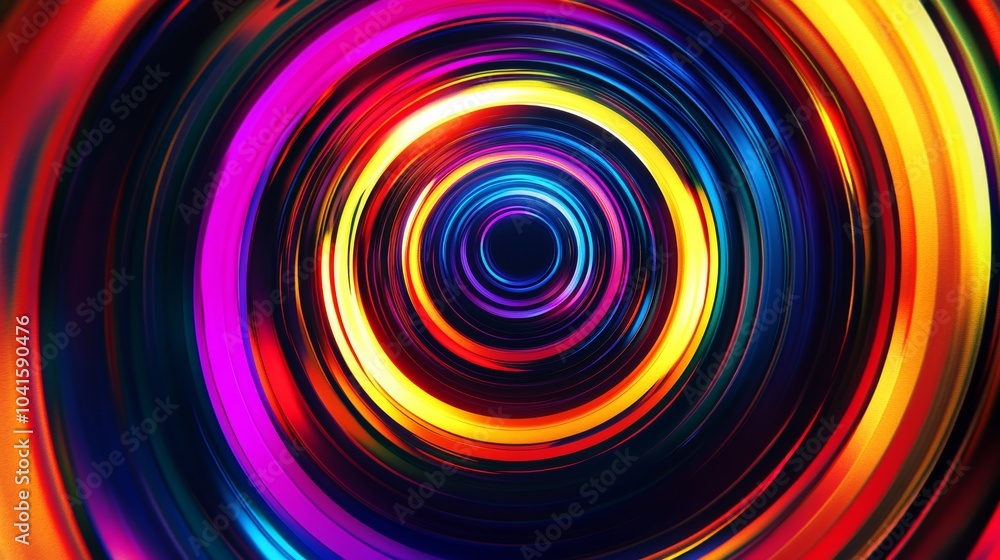 Poster vibrant swirls of color form concentric circles of light on abstract background, creating futuristic