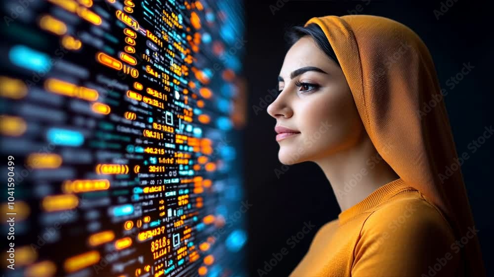 Poster code enigma: a focused woman in a vibrant orange hijab gazes intently at a wall of illuminated code,