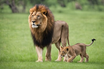 Male Lion with Cub walking on green grass