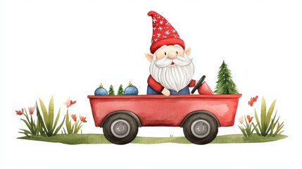 Obraz premium Cheerful Gnome Riding in Festive Red Wagon through Snowy Winter Wonderland