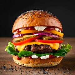 Gourmet Burger Delight, The Art of the Perfect Bite, Fresh Flavors in Every Layer, A Feast for the Senses, Crafted for Burger Lovers.