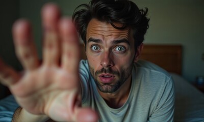 Fototapeta premium A man is comfortably laying on a bed with his hand outstretched