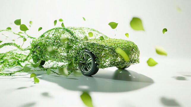 Green eco car with leaves on a white background. 3d rendering.