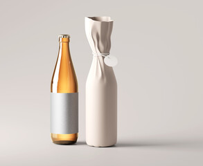 glass beer bottle, whiskey, cognac, brandy beer bottle isolated on white background, mockup, blank, plain, 3d illustration, 3d rendering