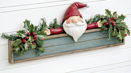 Obraz premium Christmas Featuring Wooden Shelf with Gnome Ornament and Greenery