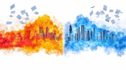 Fototapeta premium Dramatic Urban Skyline Explosion with Fiery Clouds and Chaotic Destruction