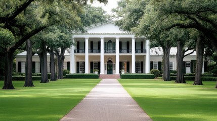 A charming white house stands amidst towering oak trees, surrounded by rich green lawns, inviting all to enjoy its tranquil summer beauty