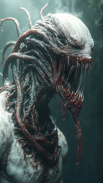 A twisted monstrosity with jagged teeth, pulsating tendrils, and a fleshless grin, exuding pure malice.