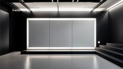 Fototapeta premium Realistic 3D rendering of empty room, beautiful sunlight and window frame shadow on black blank wall, white wall. concrete floor, wooden ceiling. Background, Interior. Front view.Mock up.