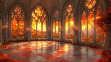 Obraz premium Autumnal Glow Stone Hall with Stained Glass Windows and Mountain View
