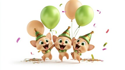 Obraz premium Cheerful Cartoon Characters Celebrating with Balloons and Confetti