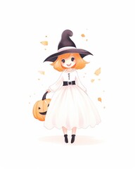 A cute witch character in a white dress, wearing a black hat, holding a pumpkin, surrounded by autumn leaves and a playful vibe.