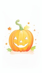 A cheerful, carved pumpkin with a playful expression, surrounded by colorful autumn leaves, embodying the spirit of Halloween.