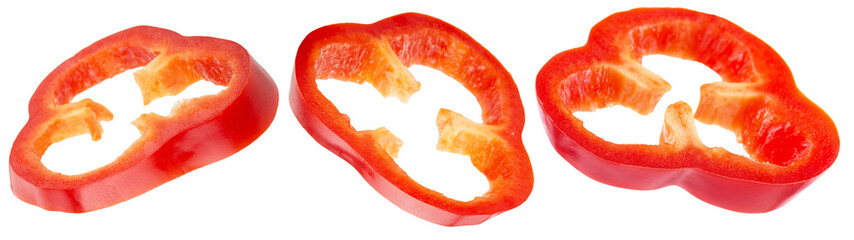 set of red bell pepper slices isolated on a white background