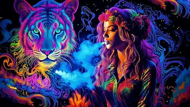 mulher magica fuma narguine fuma&ccedil;a no ar inspira o poder do tigre 