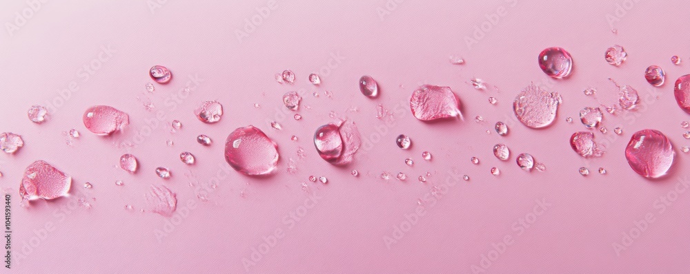 Poster multiple water drops of various sizes are forming a line on a pink background, creating a refreshing