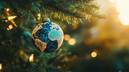 Beautiful christmas ornament shaped like the earth hangs on a festive tree with twinkling lights at sunset, symbolizing hope and peace