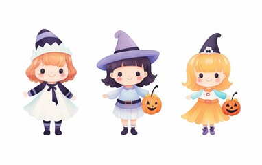 Three cute, animated girls in Halloween costumes holding pumpkins, showcasing vibrant colors and playful styles.