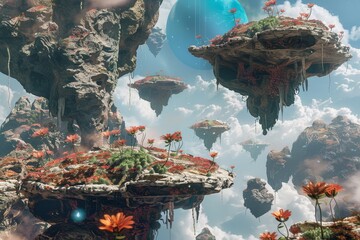 An otherworldly alien landscape with floating rocks and strange plants ,A vibrant scene from the movie Avatar, showcasing the lush landscapes and bioluminescent flora of Pandora.