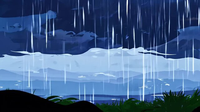 A captivating animation captures avy rain pouring summer day raindrops falling creating thunderstorm atmosphere all rendered 4K resolution impactful ather background raindrop dripped