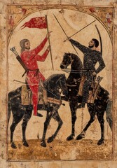 Two armored knights on horseback engage in a historical duel with lances raised in a medieval landscape. Generative AI