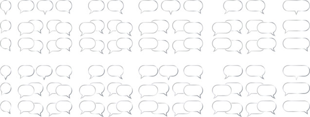 Set of oval silver metallic speech bubbles with. Collection of blank text boxes with sharp triangular and distinctive curved tails on transparent background.	