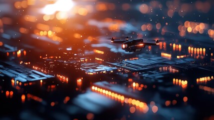 Obraz premium Futuristic drone flying over a glowing cityscape at night