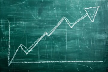 An upward arrow drawn on a chalkboard to represent the rise in prices ,A blackboard with a graph sketched on it, depicting statistical information through plotted points and lines.