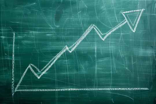 An upward arrow drawn on a chalkboard to represent the rise in prices ,A blackboard with a graph sketched on it, depicting statistical information through plotted points and lines.