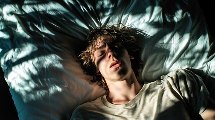 Obraz premium Person tossing and turning in bed, struggling with insomnia and restlessness. The scene captures the emotional turmoil and physical discomfort of a sleepless night.
