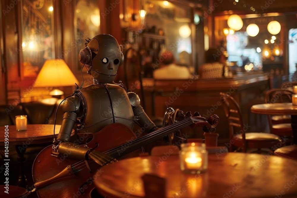 Poster android playing a musical instrument in an old jazz club ,a robot skillfully playing the cello in a 