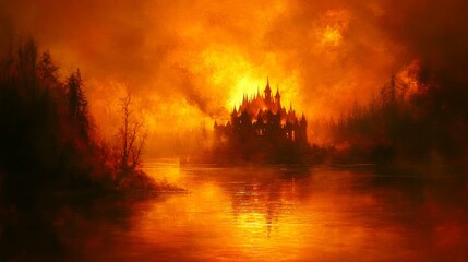 Fiery Sunset Over Ancient Castle and Lake