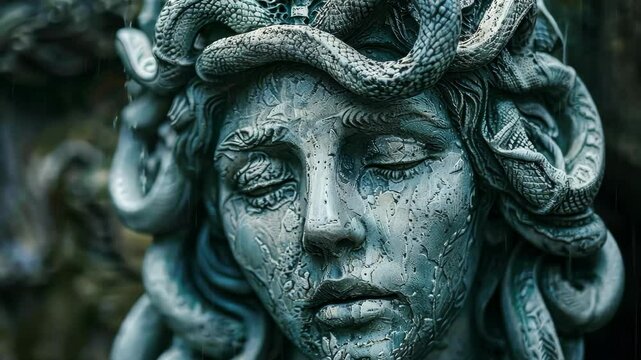 A close-up of a Medusa statue in the rain