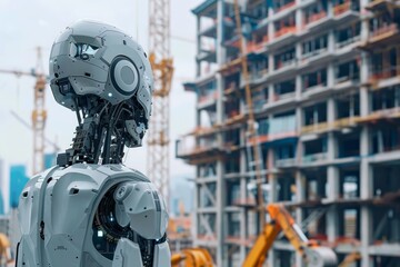 Fototapeta premium Artificial intelligence supervising a construction site , A robot overlooks a construction site, representing the integration of robotics in modern building and infrastructure development.