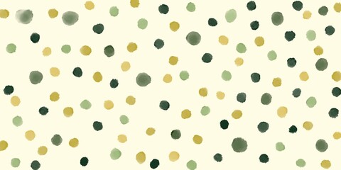 A delicate and feminine pattern featuring a variety of green, gold, and white watercolor dots on a cream background. The irregular shapes and sizes of the dots