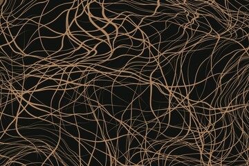 A complex and intricate pattern of golden lines intertwining on a black background. A spider web pattern ideal for adding text or other design elements