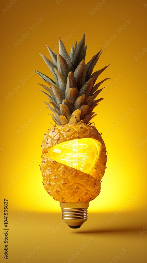 Poster pineapple transforms into a glowing light bulb, symbolizing creativity and innovation in a fun and s