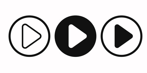 A set of 3 play button icons in a flat style, separately with a black color fill of the triangle in the button, without a fill and stroke of the button itself and the triangle