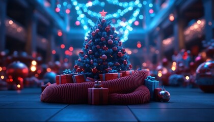 Festive Christmas Tree Decorated with Lights and Ornaments Surrounded by Presents and an Ugly Christmas Sweater, Perfect for Holiday Cheer
