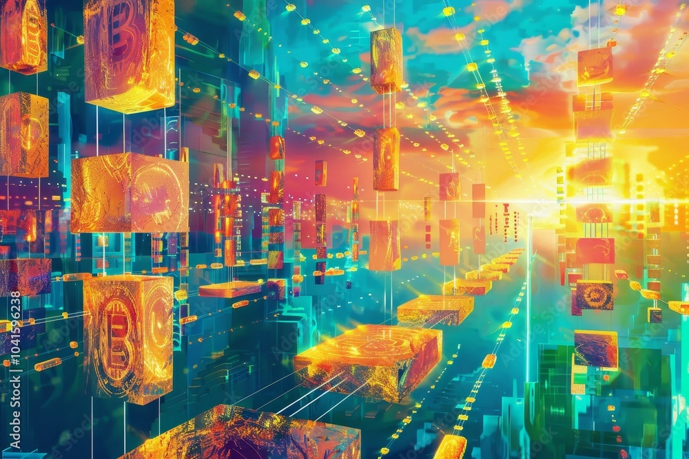 Poster artwork depicting the peer-to-peer model of blockchain ,a visual representation of a chain of links 