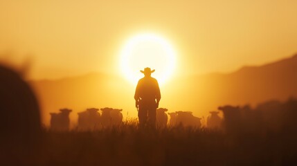 Silhouetted Cowboy Guarding Cattle at Dusk with Cinematic Light Halo Effect - Wild West Photograph