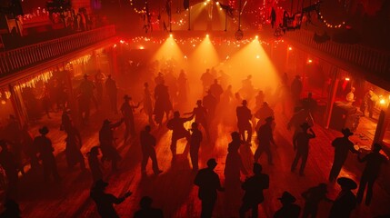 Vibrant Wild West Dance Hall Celebration with Colorful Decorations and Energetic Couples Dancing, Enhanced with Ultra-Detailed, Cinematic Light
