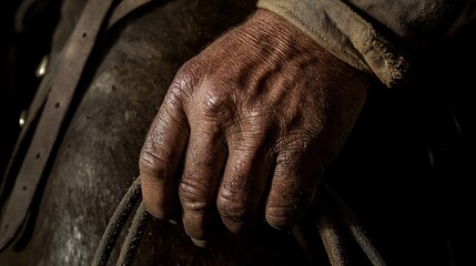 Obraz premium Cowboy's Strong Grip: Detailed Wild West Scene with Cinematic Lighting