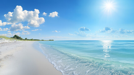 Obraz premium Sunny Seaside Panorama with Turquoise Waves and Tranquil Sands, Summer Serenity Scene