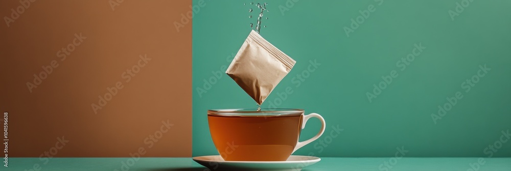 Poster a tea bag is being dipped into a warm cup of tea, creating ripples in the liquid as it infuses the f