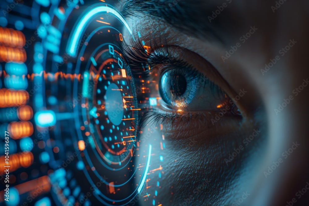 Aufkleber an eye with a digital interface, illustrating futuristic technology and data visualization.