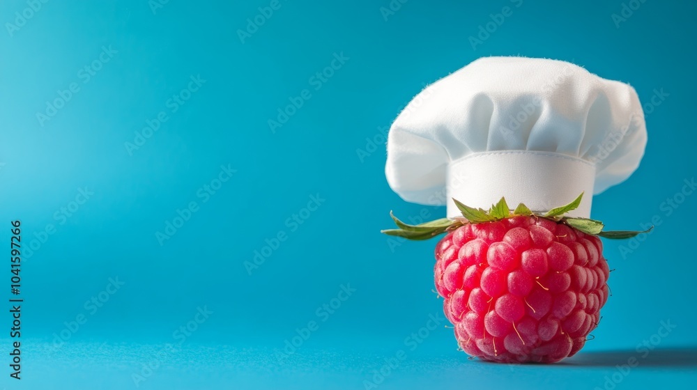 Poster single ripe raspberry with a white chef's hat is standing on a blue background with copy space. the 