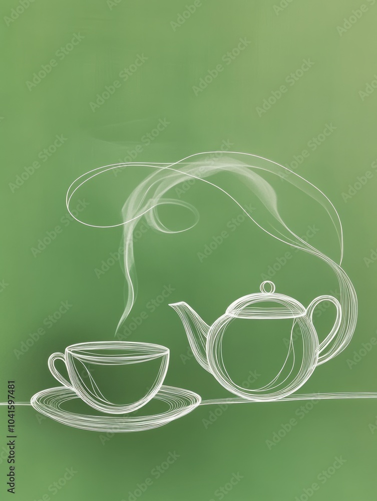 Canvas Prints A delicate line art representation features a teapot and a cup emitting steam against a serene green backdrop, inviting relaxation. Generative AI