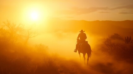 Sunset Journey: Cinematic Wild West Cowboy Leading Horse on Dusty Trail with Ultra-Detailed Light