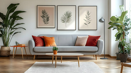 Modern Living Room Design with Gray Sofa, Wooden Floor, and Leaf Prints